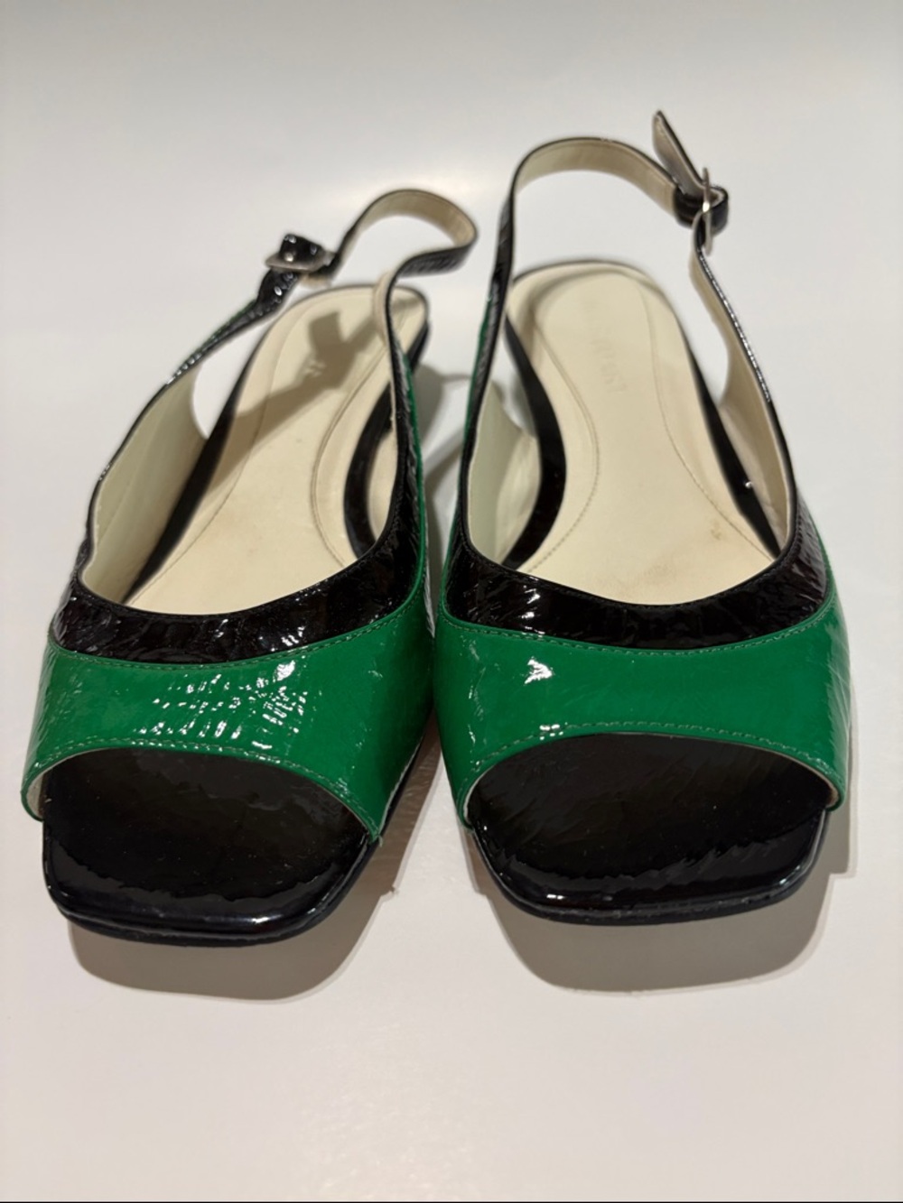 Jill Stuart Green and Black Patent Slingback Mules